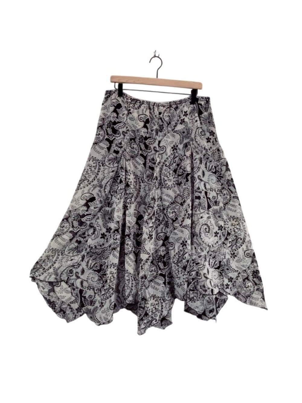 Flouncy Handkerchief Skirt L First Option Vtg 90s Black White Paisley Tea Length